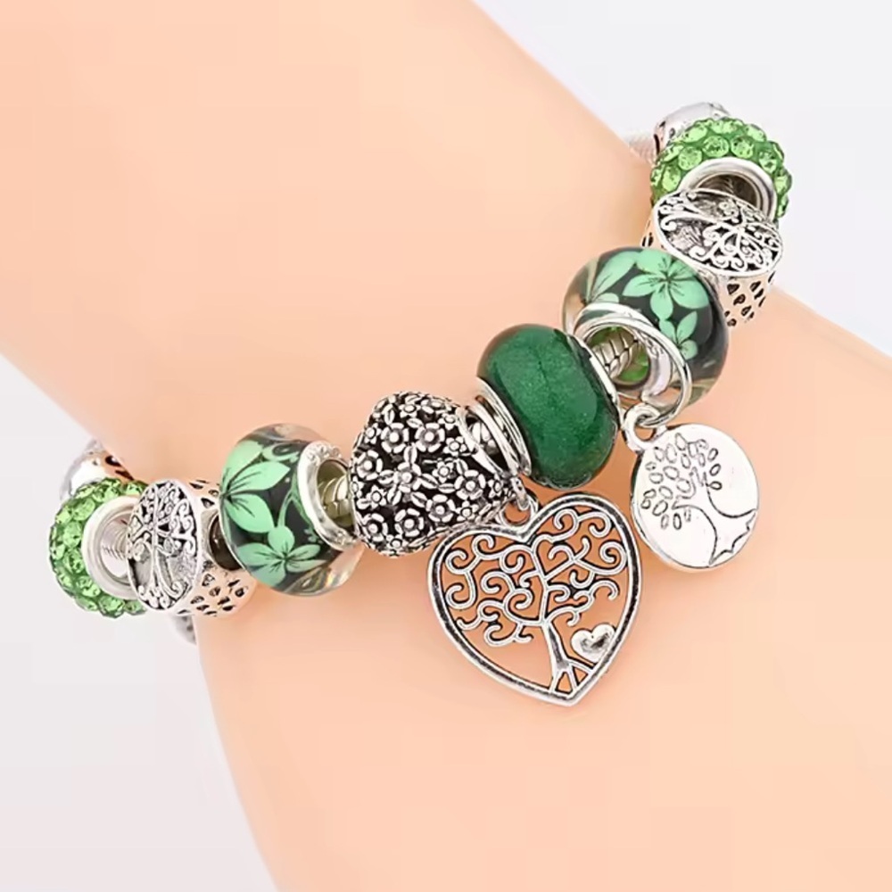 Boho Green Charm Bracelet with Heart Tree of Life Charms Silver color